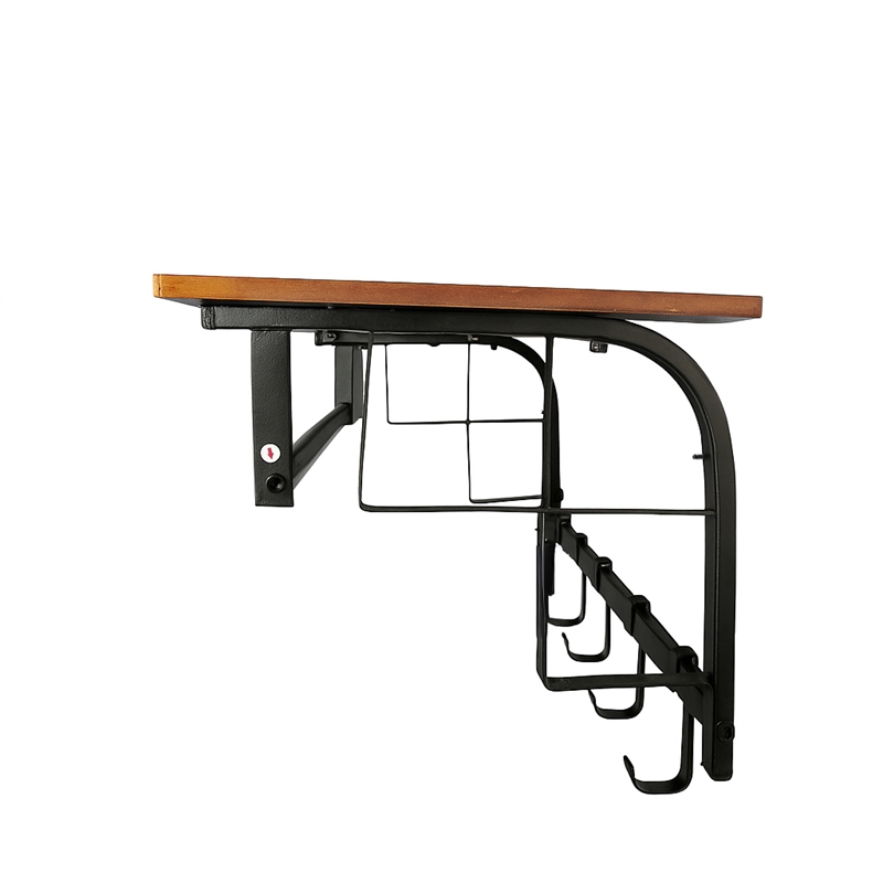 26 Inch Industrial Metal Frame Wall Mount Coat Rack- 5 Hooks- 1 Shelf- Brown