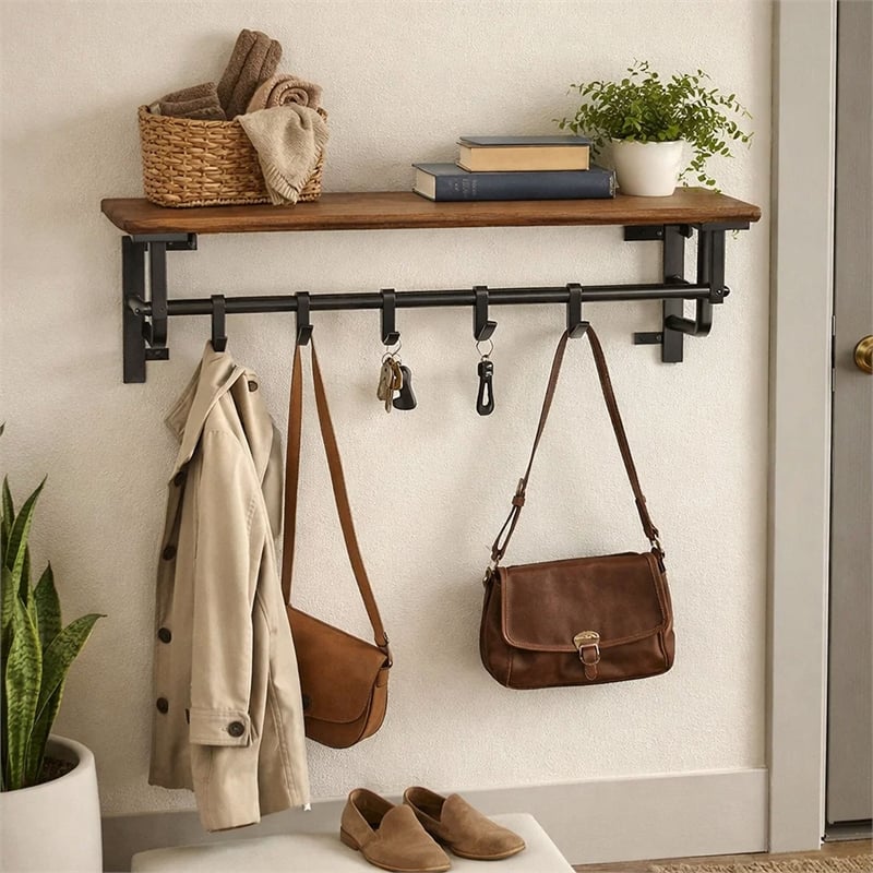 26 Inch Industrial Metal Frame Wall Mount Coat Rack- 5 Hooks- 1 Shelf- Brown