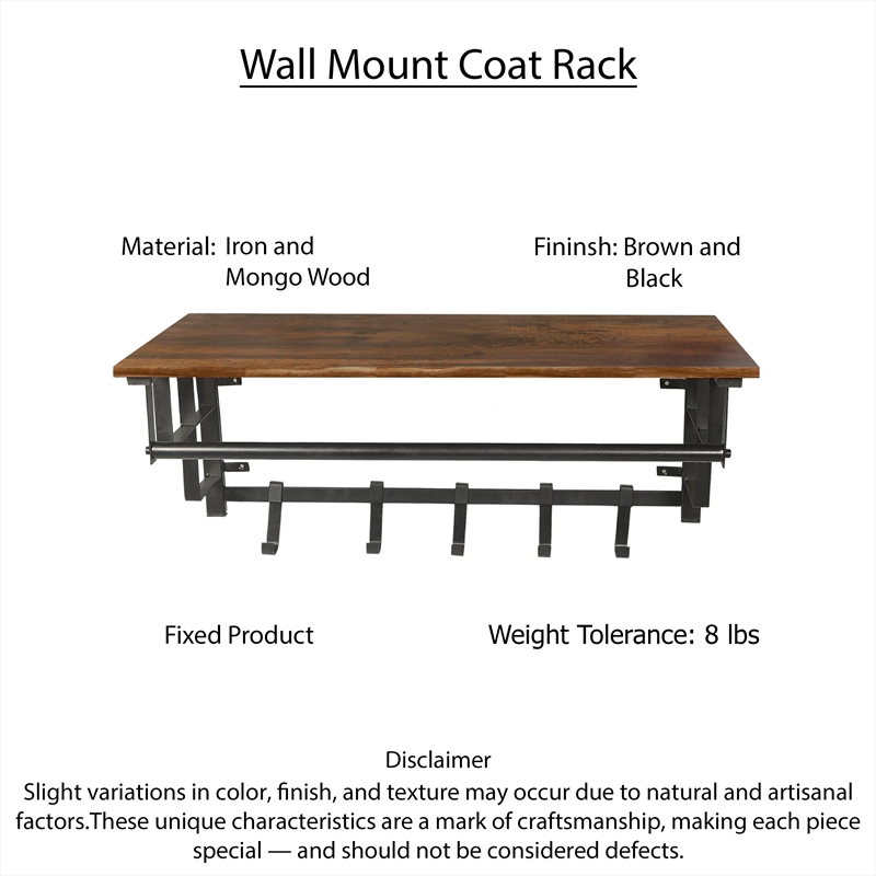 26 Inch Industrial Metal Frame Wall Mount Coat Rack- 5 Hooks- 1 Shelf- Brown