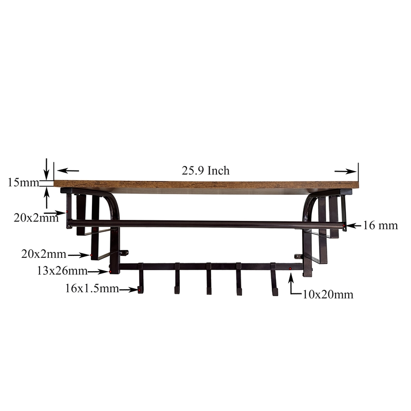 26 Inch Industrial Metal Frame Wall Mount Coat Rack- 5 Hooks- 1 Shelf- Brown