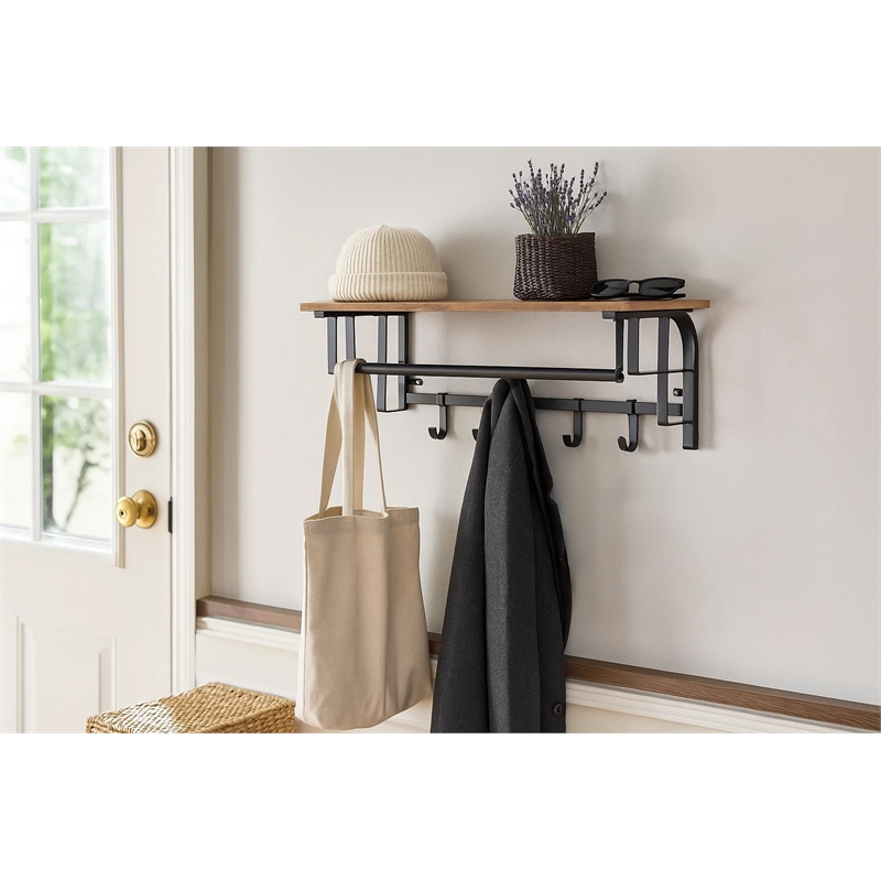 26 Inch Industrial Metal Frame Wall Mount Coat Rack- 5 Hooks- 1 Shelf- Brown