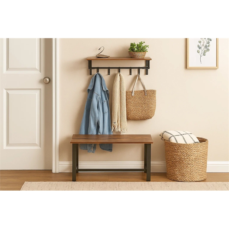 26 Inch Industrial Metal Frame Wall Mount Coat Rack- 5 Hooks- 1 Shelf- Brown