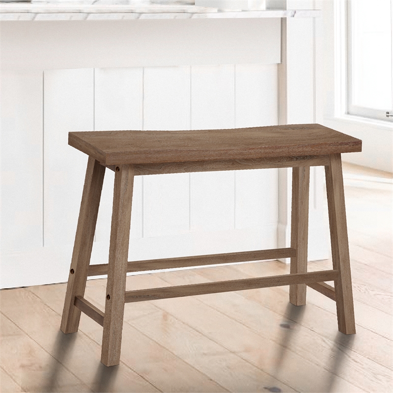 33 Inch Saddle Seat Bench with Angled Frame- Sandblasted Brown Acacia Wood