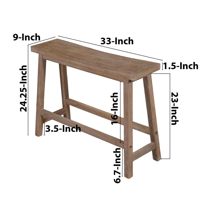 33 Inch Saddle Seat Bench with Angled Frame- Sandblasted Brown Acacia Wood