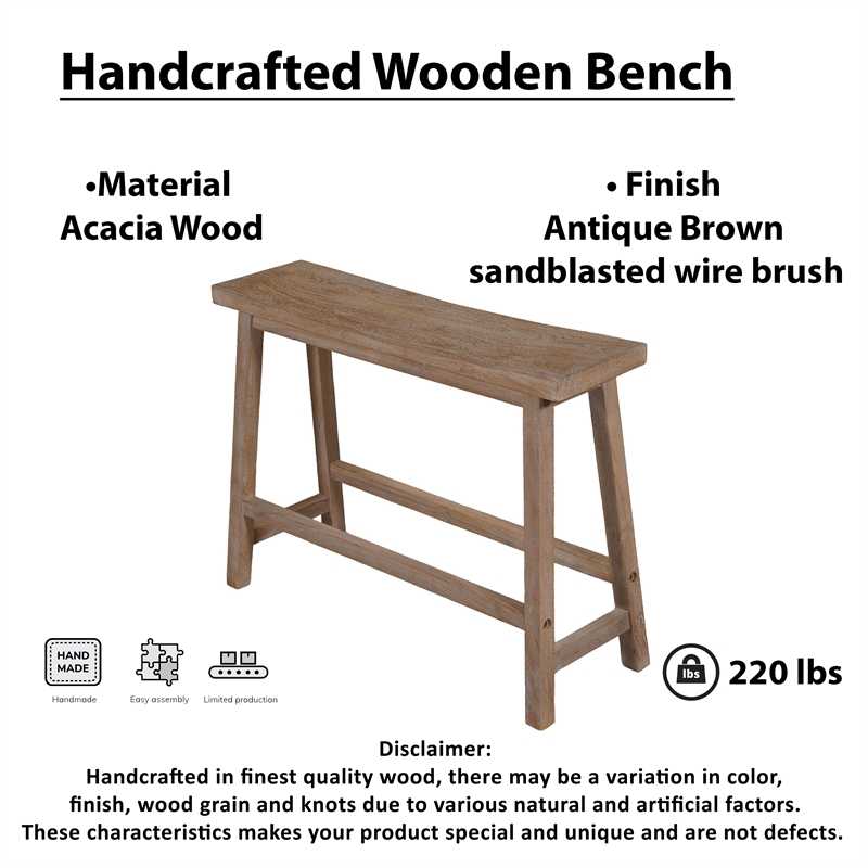 33 Inch Saddle Seat Bench with Angled Frame- Sandblasted Brown Acacia Wood