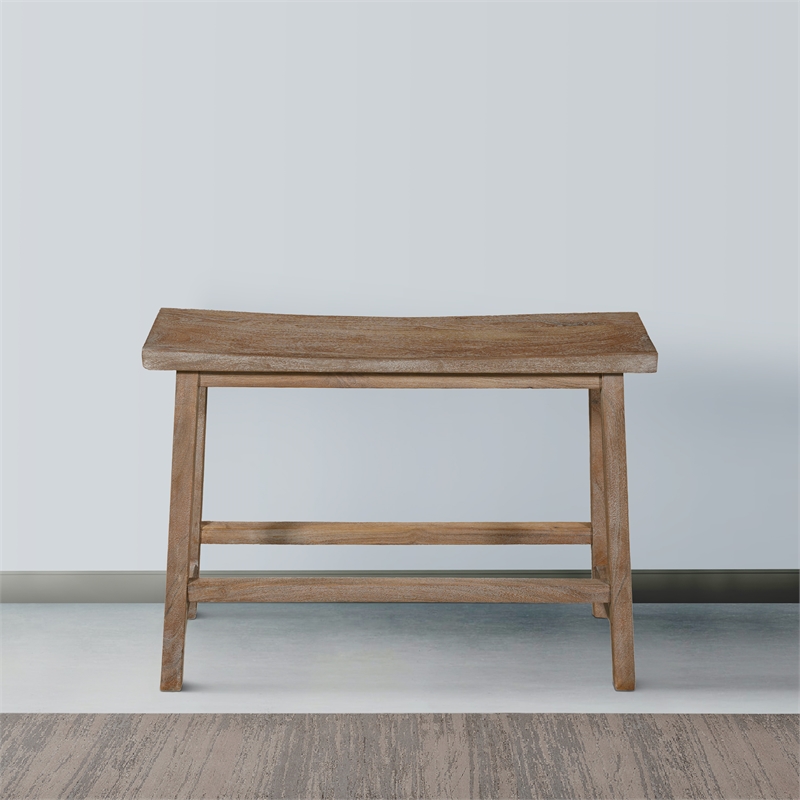 33 Inch Saddle Seat Bench with Angled Frame- Sandblasted Brown Acacia Wood