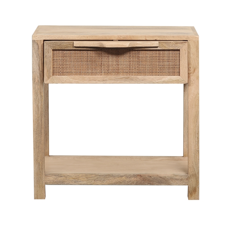 Rosette 22 Inch Accent Side Table- Rattan Front Drawer- Open Shelf- Mango Wood