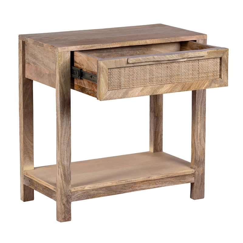 Rosette 22 Inch Accent Side Table- Rattan Front Drawer- Open Shelf- Mango Wood