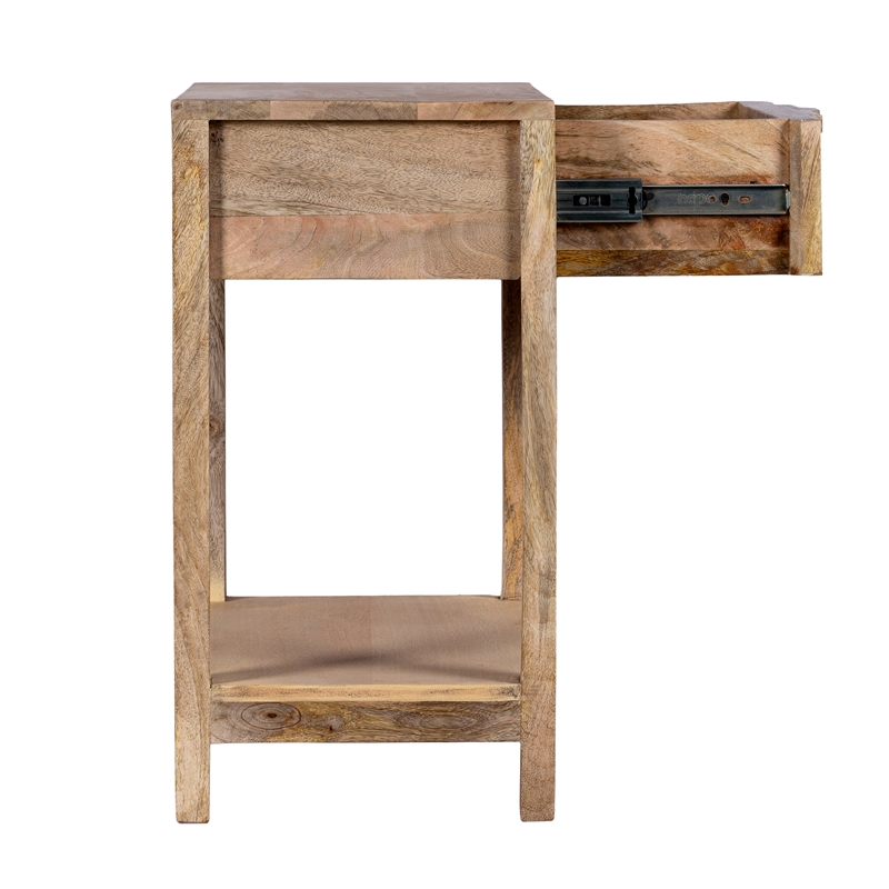 Rosette 22 Inch Accent Side Table- Rattan Front Drawer- Open Shelf- Mango Wood