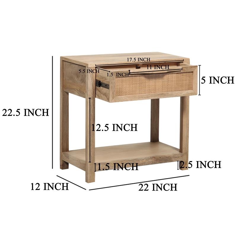 Rosette 22 Inch Accent Side Table- Rattan Front Drawer- Open Shelf- Mango Wood