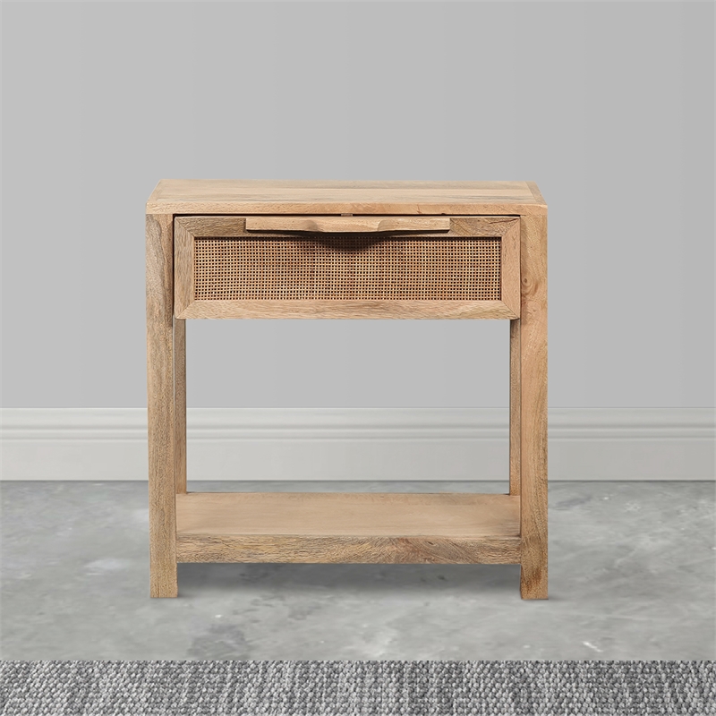 Rosette 22 Inch Accent Side Table- Rattan Front Drawer- Open Shelf- Mango Wood