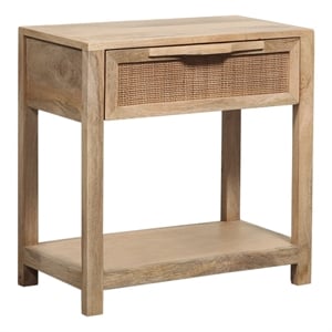 Rosette 22 Inch Accent Side Table- Rattan Front Drawer- Open Shelf- Mango Wood