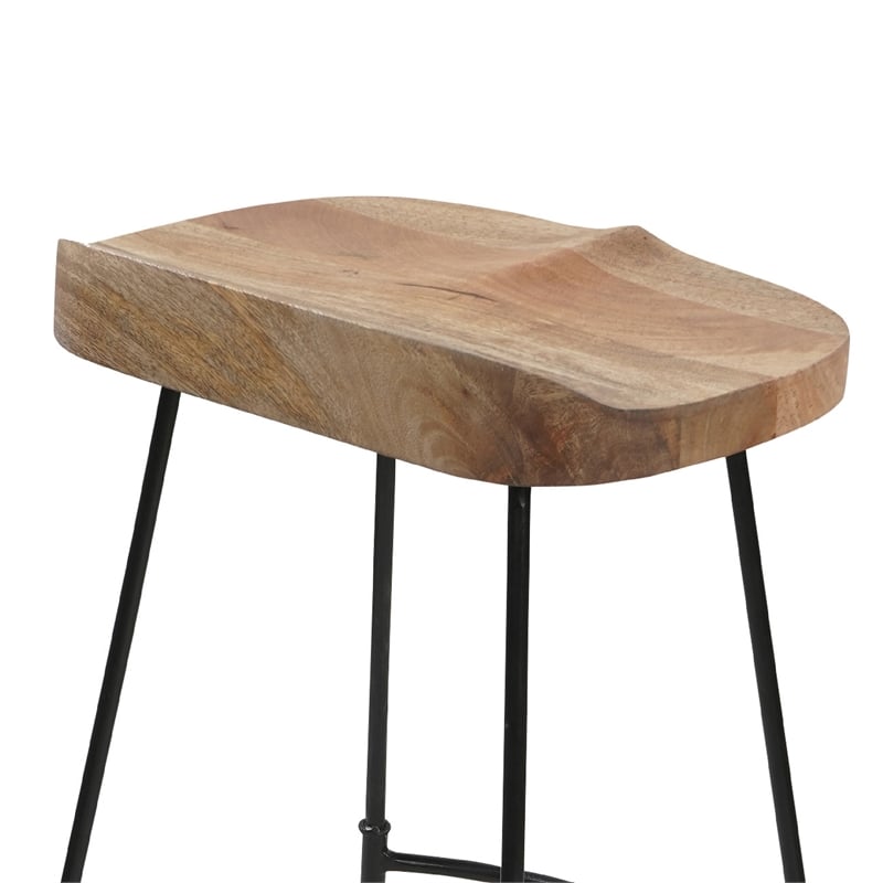 Tiva 30 Inch Handcrafted Backless Barstool- Natural Brown Mango Wood Saddle Seat