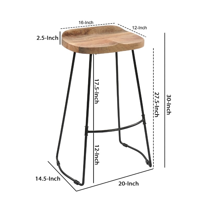Tiva 30 Inch Handcrafted Backless Barstool- Natural Brown Mango Wood Saddle Seat