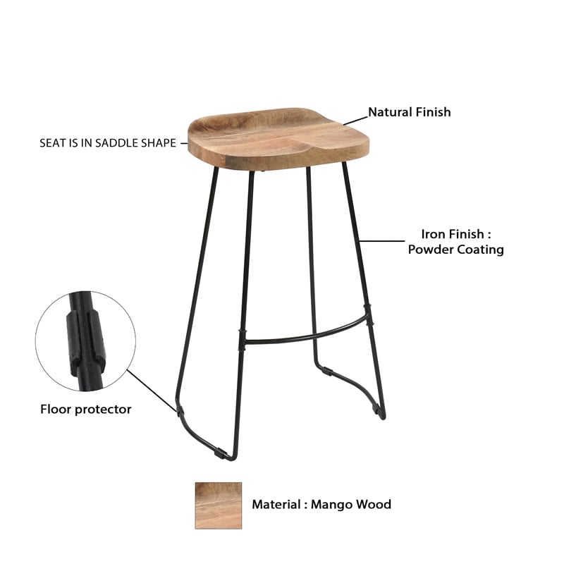 Tiva 30 Inch Handcrafted Backless Barstool- Natural Brown Mango Wood Saddle Seat