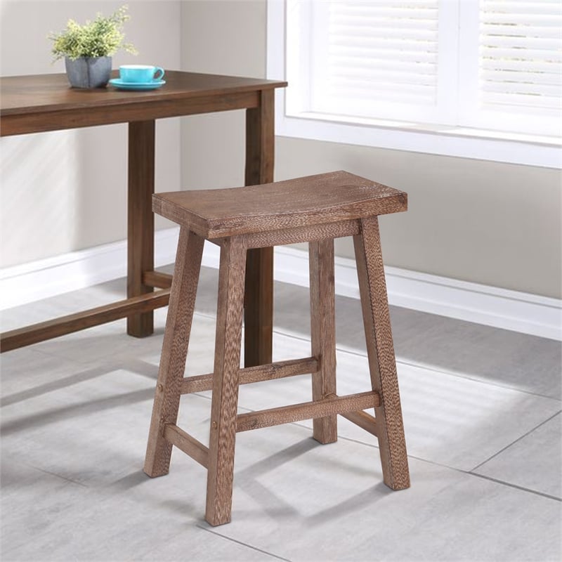 Wooden Frame Saddle Seat Counter Height Stool with Angled Legs- Brown