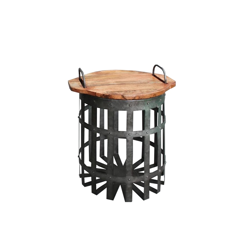 Industrial Grid Galvanized Accent Side End Table with Round Lid- Set of 2