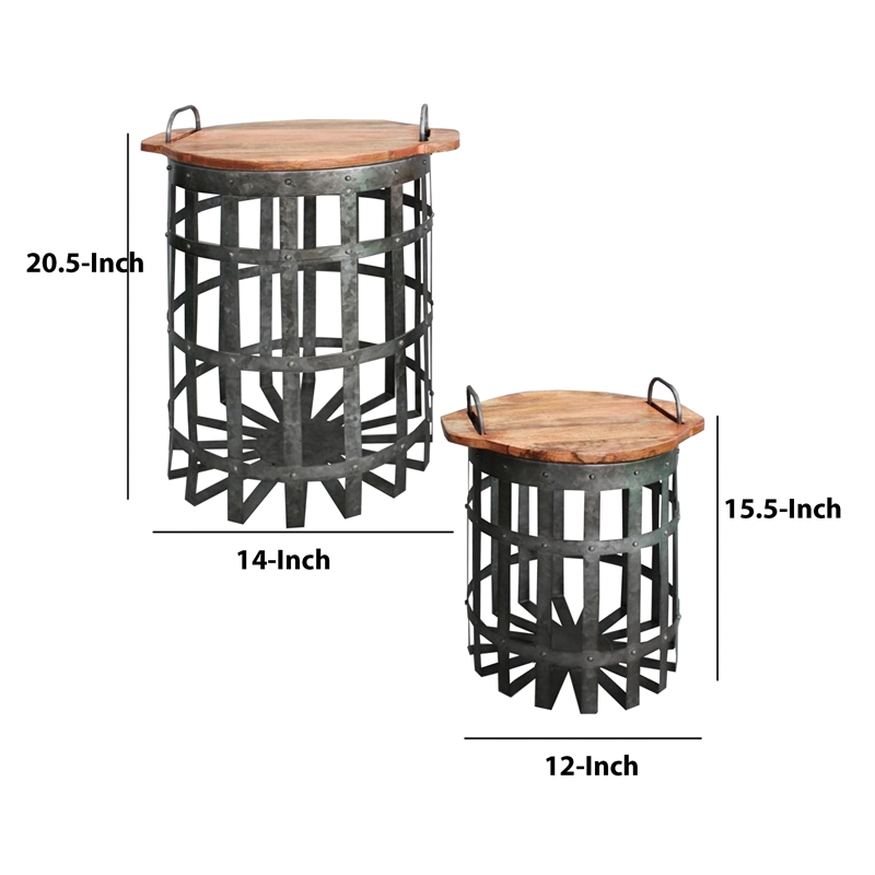 Industrial Grid Galvanized Accent Side End Table with Round Lid- Set of 2