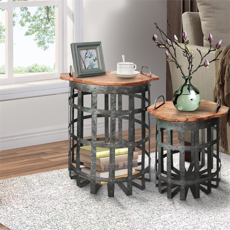 Industrial Grid Galvanized Accent Side End Table with Round Lid- Set of 2