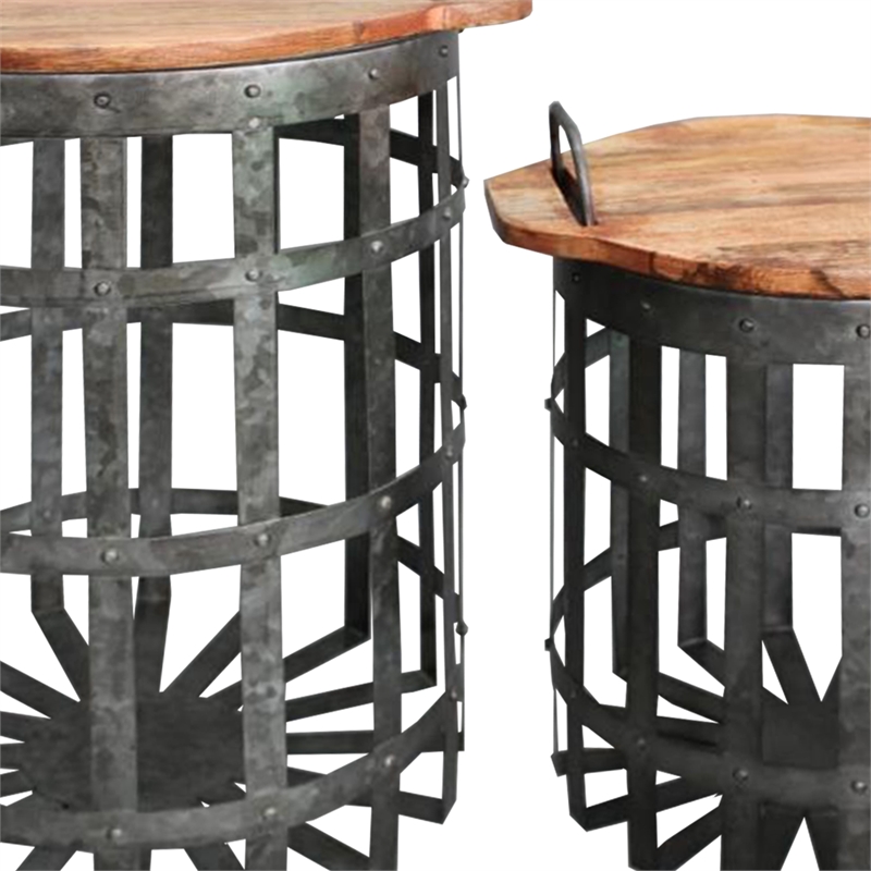 Industrial Grid Galvanized Accent Side End Table with Round Lid- Set of 2