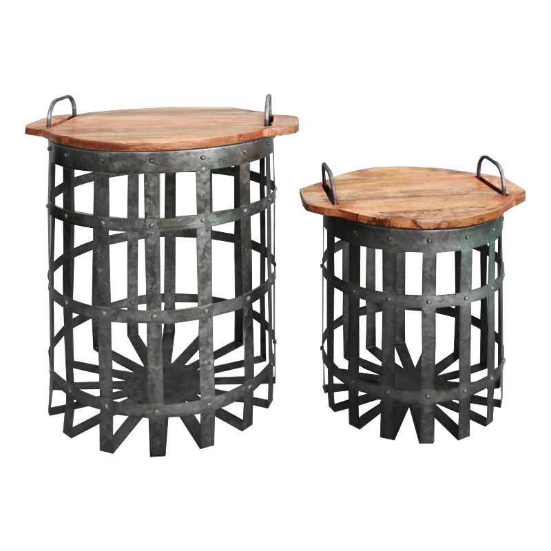 Industrial Grid Galvanized Accent Side End Table with Round Lid- Set of 2