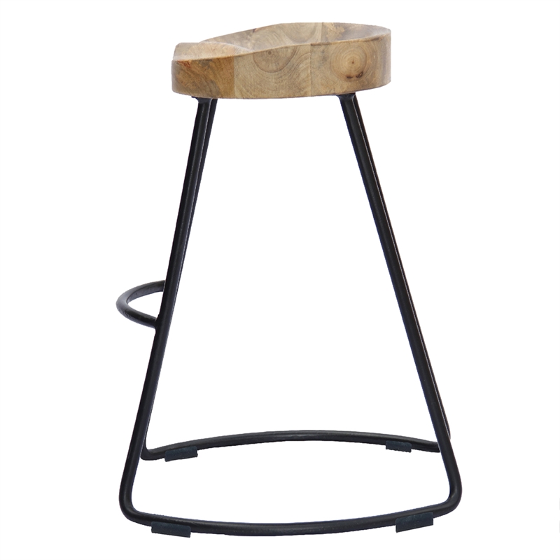 Ela 30 Inch Mango Wood Bar Stool- Saddle Seat- Iron Frame- Brown and Black