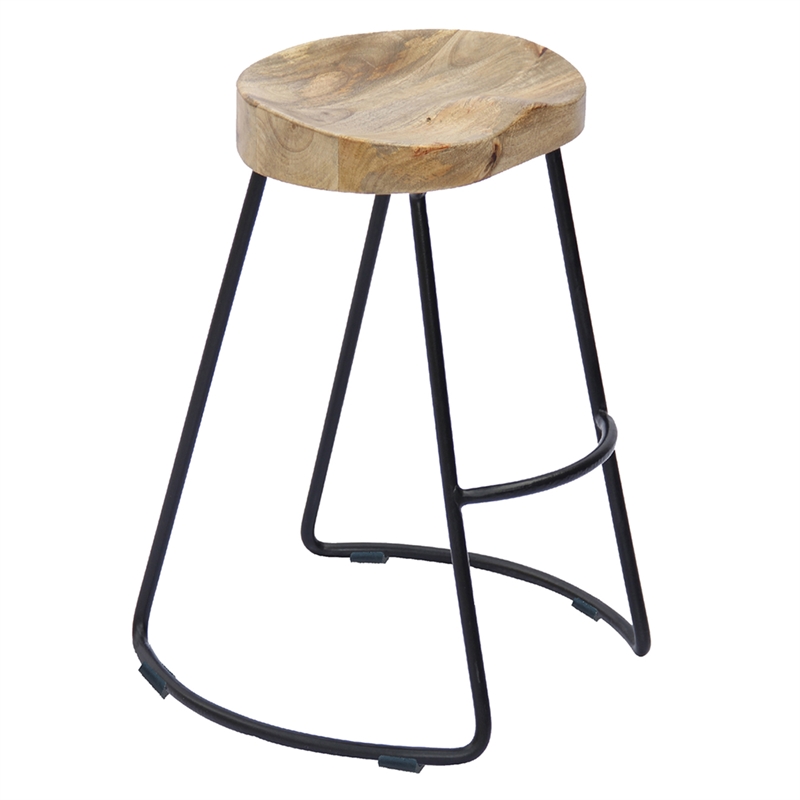 Ela 30 Inch Mango Wood Bar Stool- Saddle Seat- Iron Frame- Brown and Black