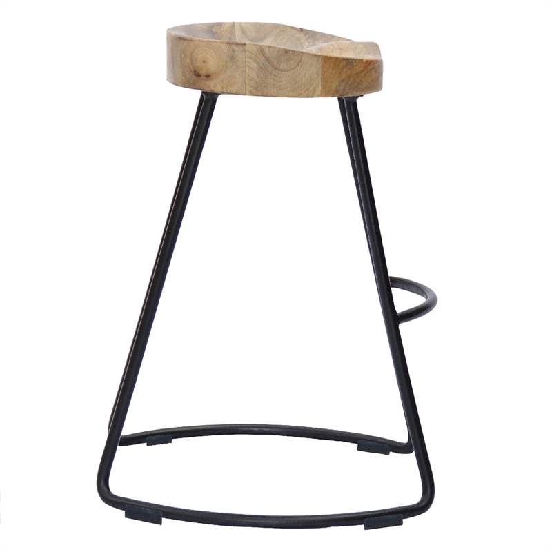 Ela 30 Inch Mango Wood Bar Stool- Saddle Seat- Iron Frame- Brown and Black