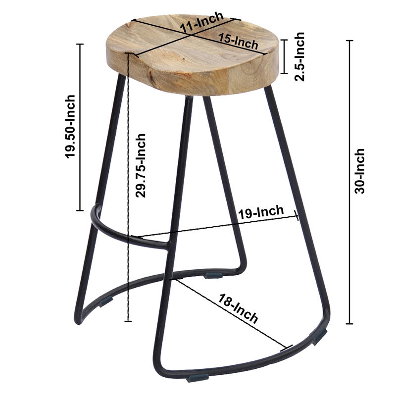 Ela 30 Inch Mango Wood Bar Stool- Saddle Seat- Iron Frame- Brown and Black