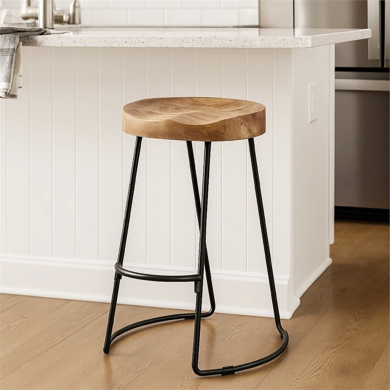 Ela 30 Inch Mango Wood Bar Stool- Saddle Seat- Iron Frame- Brown and Black