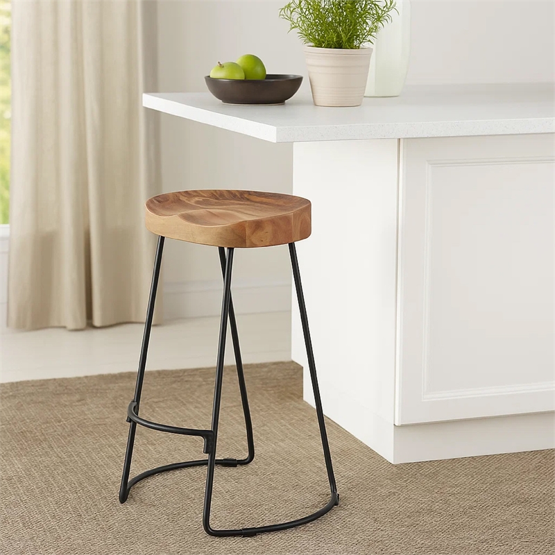 Ela 30 Inch Mango Wood Bar Stool- Saddle Seat- Iron Frame- Brown and Black