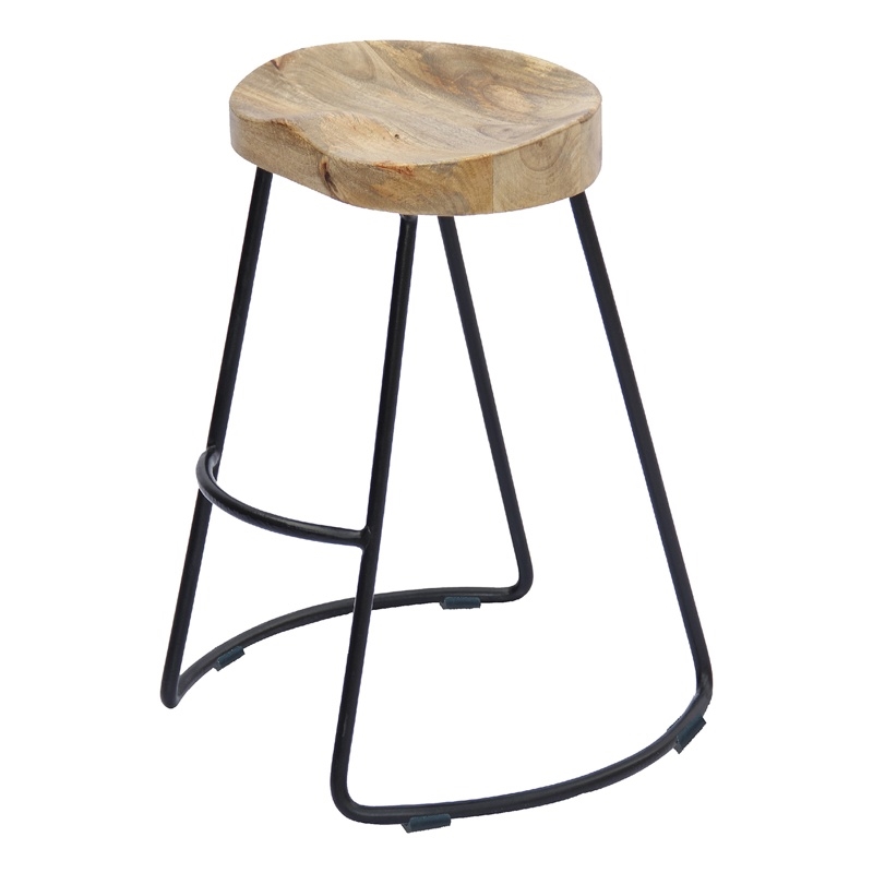 Ela 30 Inch Mango Wood Bar Stool- Saddle Seat- Iron Frame- Brown and Black