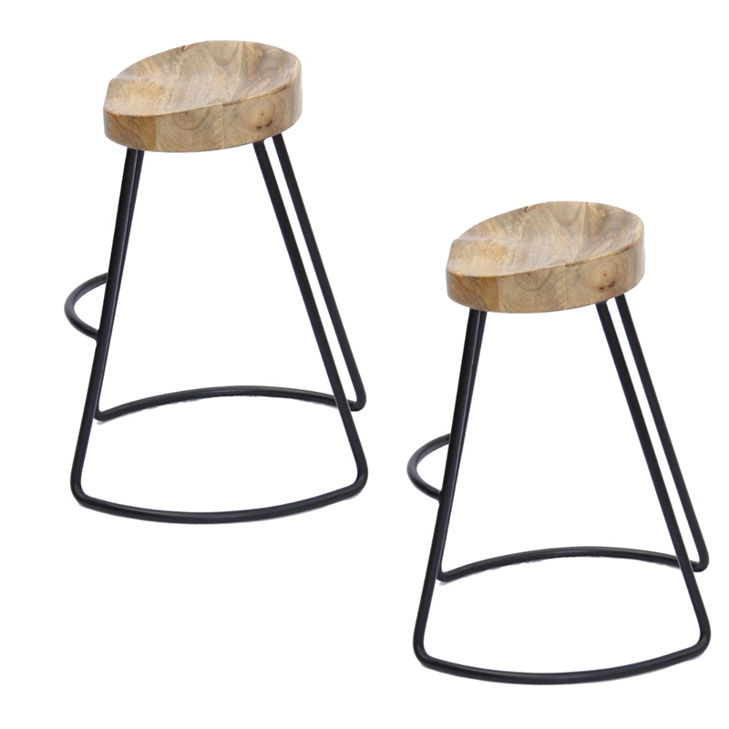 Ela 30 Inch Mango Wood Industrial Barstool- Saddle Seat- Iron Frame- Set of 2