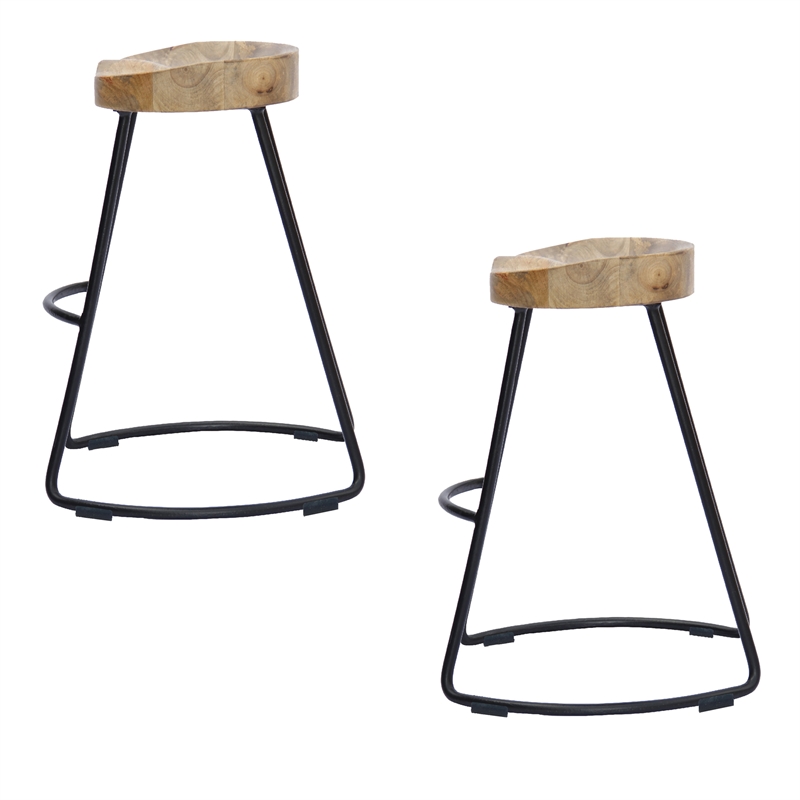Ela 30 Inch Mango Wood Industrial Barstool- Saddle Seat- Iron Frame- Set of 2