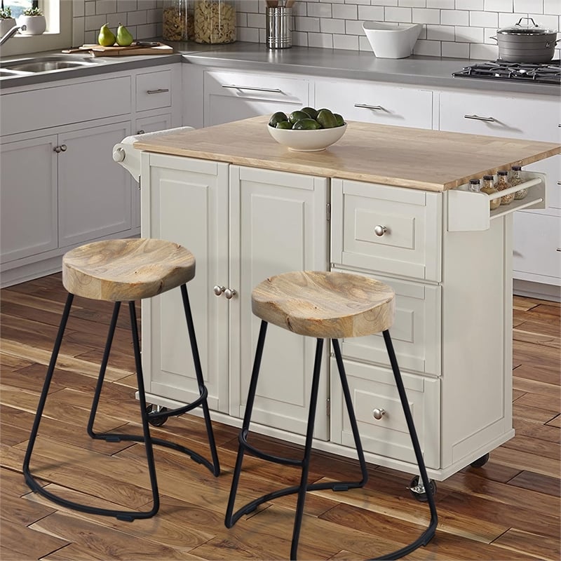 Ela 30 Inch Mango Wood Industrial Barstool- Saddle Seat- Iron Frame- Set of 2