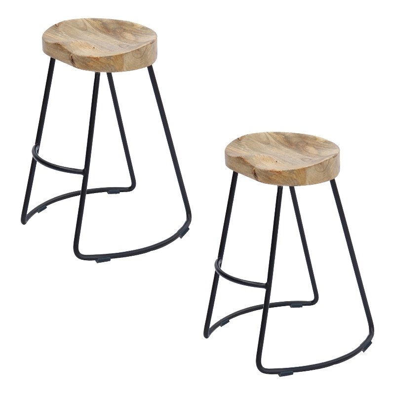 Ela 30 Inch Mango Wood Industrial Barstool- Saddle Seat- Iron Frame- Set of 2