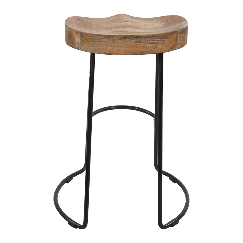 Ela 24 Inch Counter Height Stool- Mango Wood Saddle Seat- Iron Frame