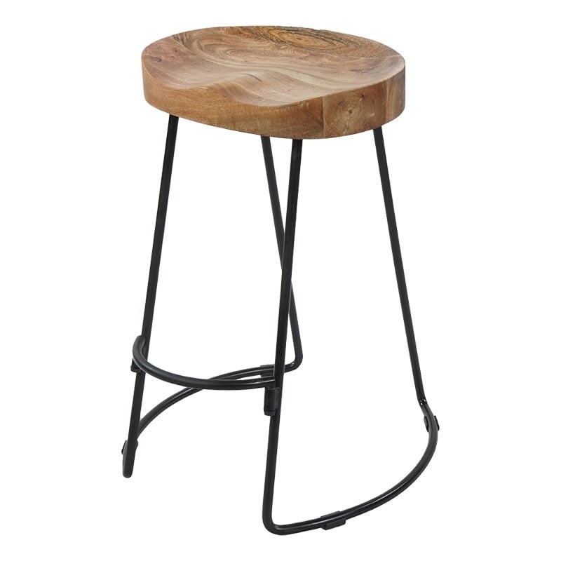 Ela 24 Inch Mango Wood Industrial Counter Height Stool-Saddle Seat-Iron-Set of 2