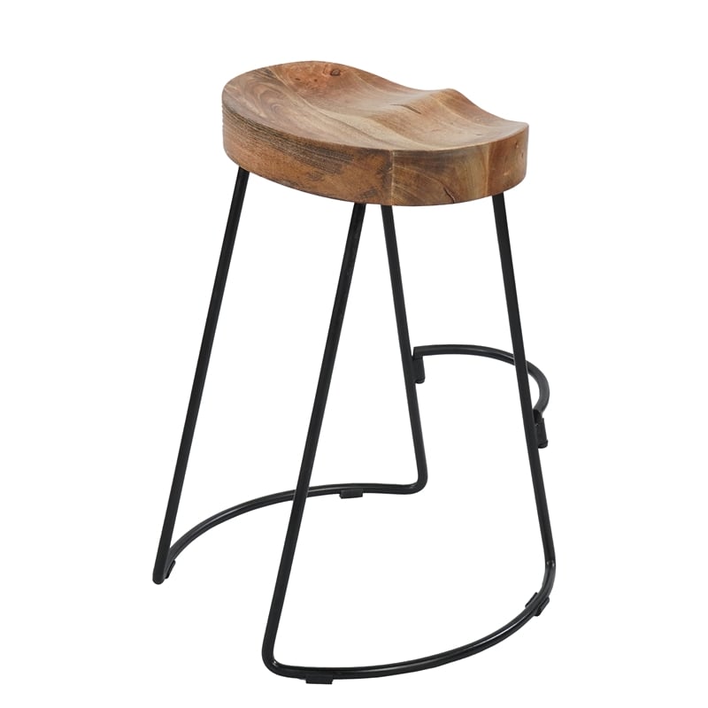 24 Inch Handcrafted Backless Barstool-Brown Mango Wood Thick SaddleSeat