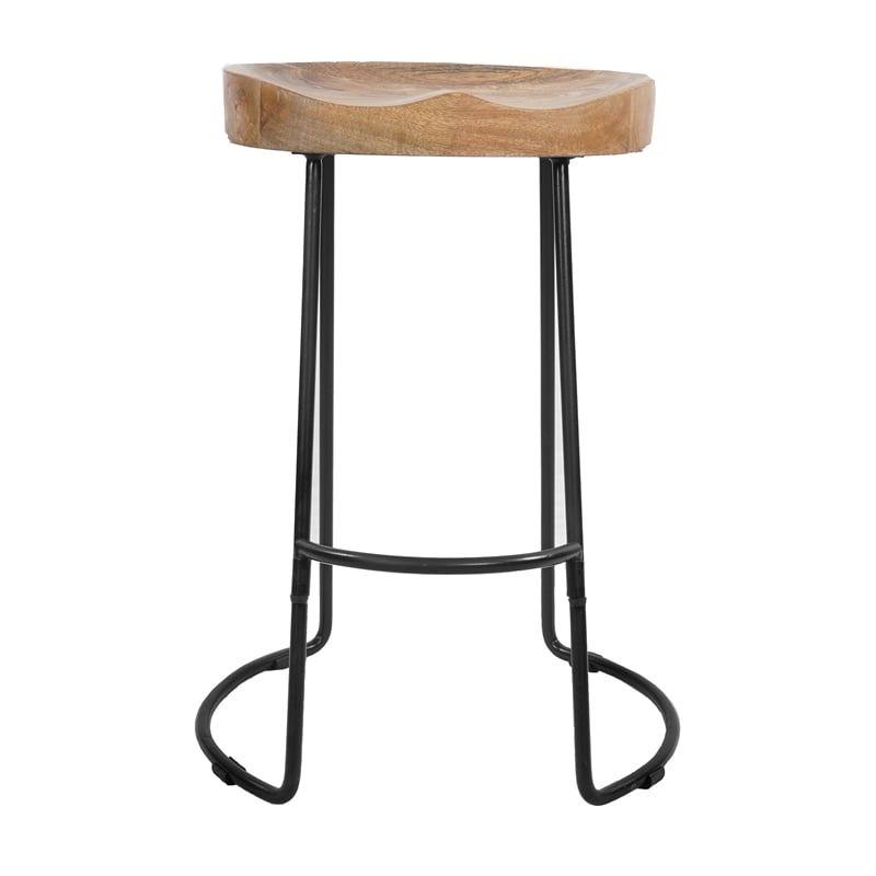 24 Inch Handcrafted Backless Barstool-Brown Mango Wood Thick SaddleSeat