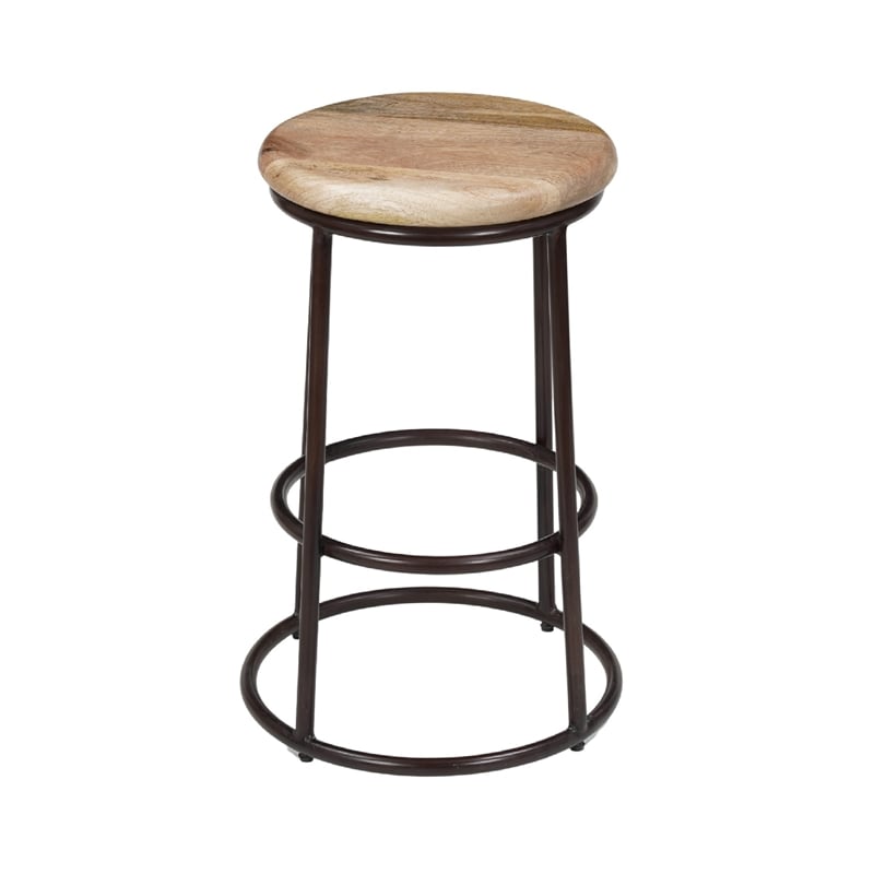24 Inch Mango Wood Counter Height Barstool With Iron Base- Brown And Black