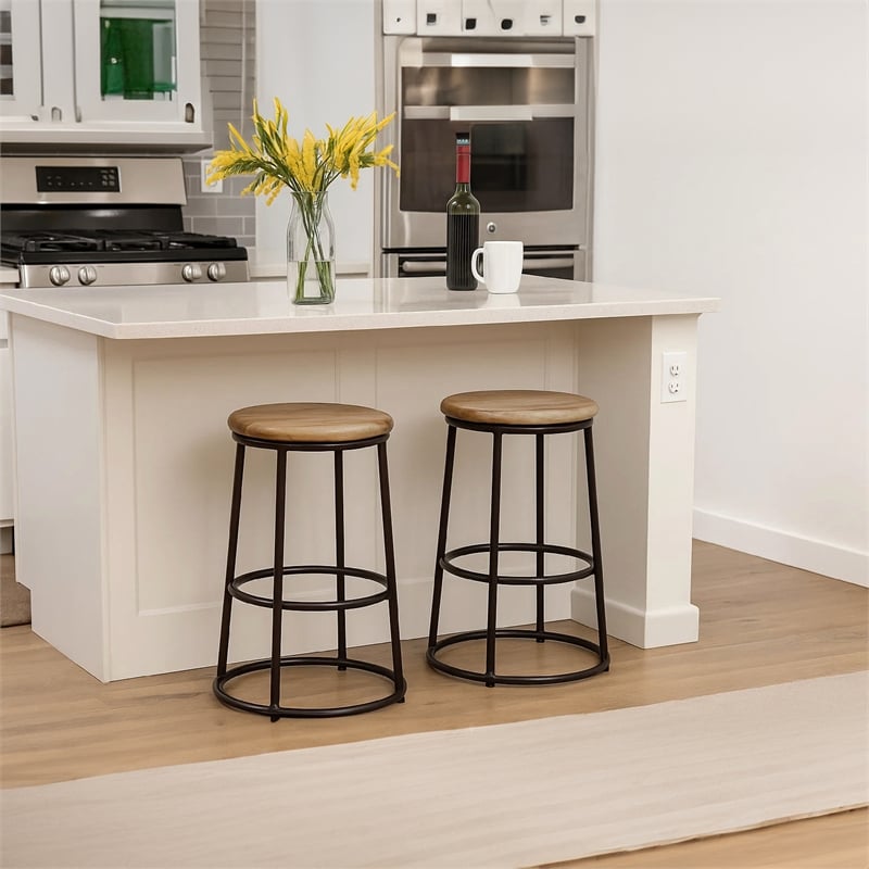 24 Inch Mango Wood Counter Height Barstool With Iron Base- Brown And Black