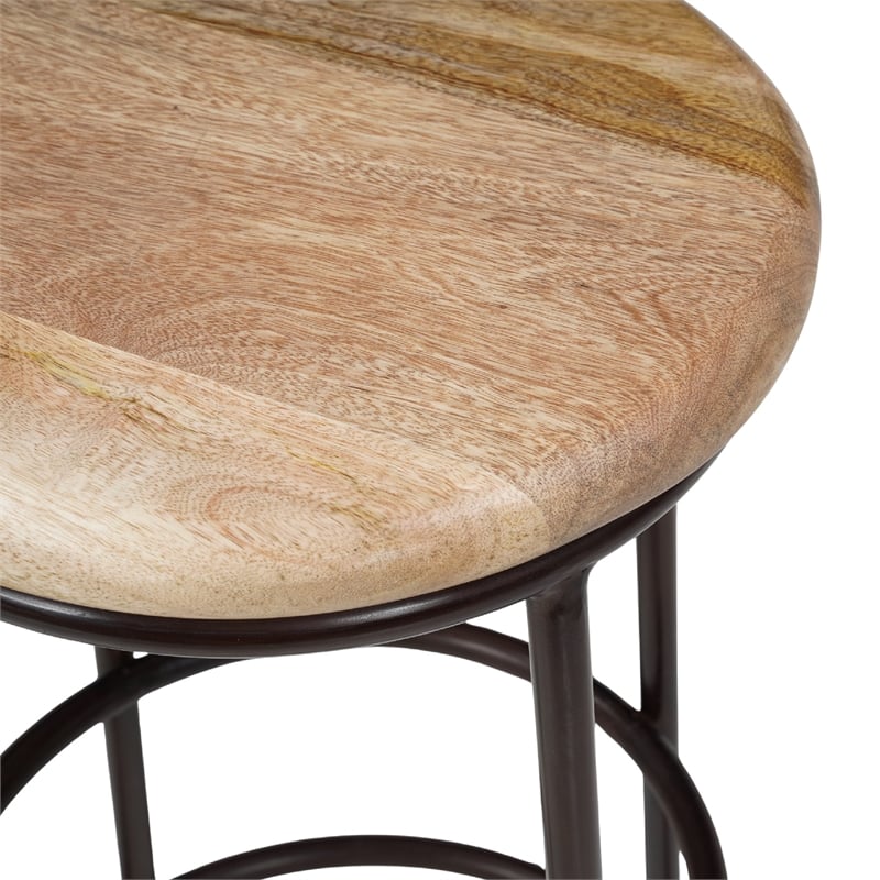 24 Inch Mango Wood Counter Height Barstool With Iron Base- Brown And Black