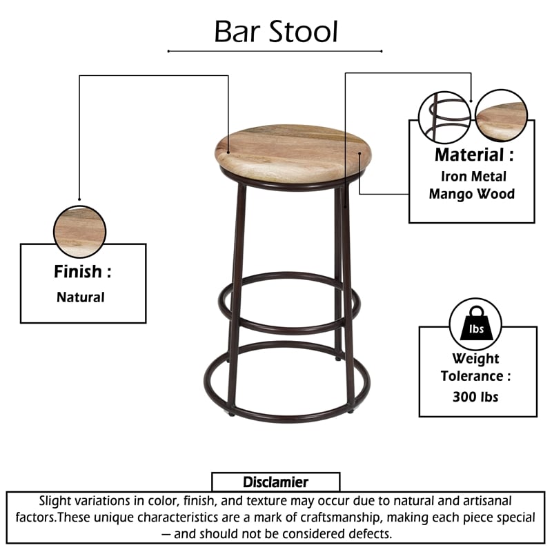 24 Inch Mango Wood Counter Height Barstool With Iron Base- Brown And Black