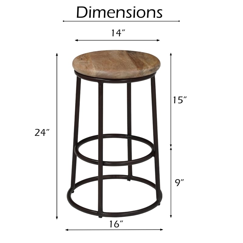 24 Inch Mango Wood Counter Height Barstool With Iron Base- Brown And Black