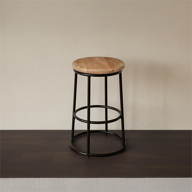 24 Inch Mango Wood Counter Height Barstool With Iron Base- Brown And Black