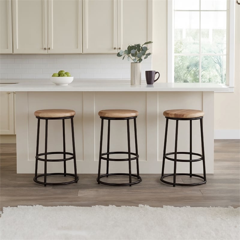 24 Inch Mango Wood Counter Height Barstool With Iron Base- Brown And Black