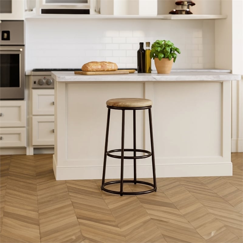 24 Inch Mango Wood Counter Height Barstool With Iron Base- Brown And Black