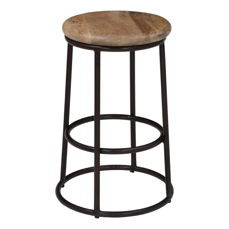 24 Inch Mango Wood Counter Height Barstool With Iron Base- Brown And Black