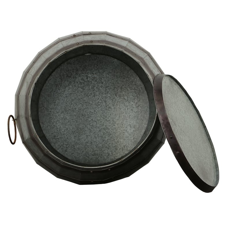 Barrel Drum Shape Storage Table with Removable Lid- Rustic Brown and Gray Metal